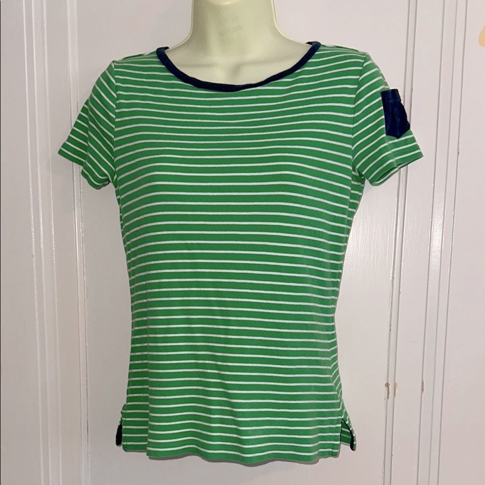 Lauren Ralph Lauren Green & White Striped Short Sleeve Cotton T-shirt